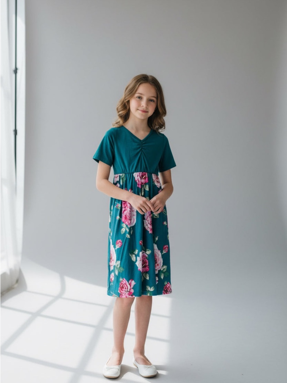 PatPat Teal Floral Knit Dress with Pink Accents